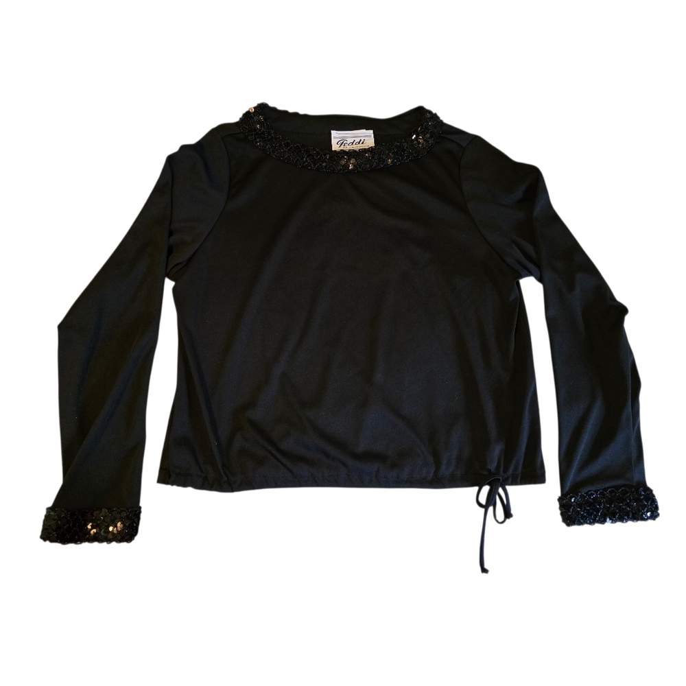 Teddi of California Black Sequin Trim Top Size 8 Long Sleeve Vintage